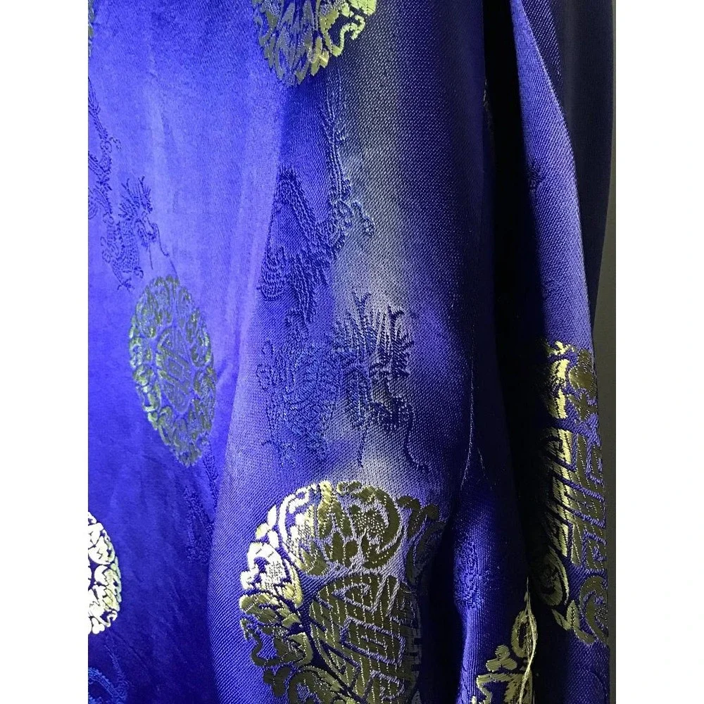 Mens Chinese Traditional Royal Blue Gold Silk Satin Tang‎ Suit Jacket Size XXL